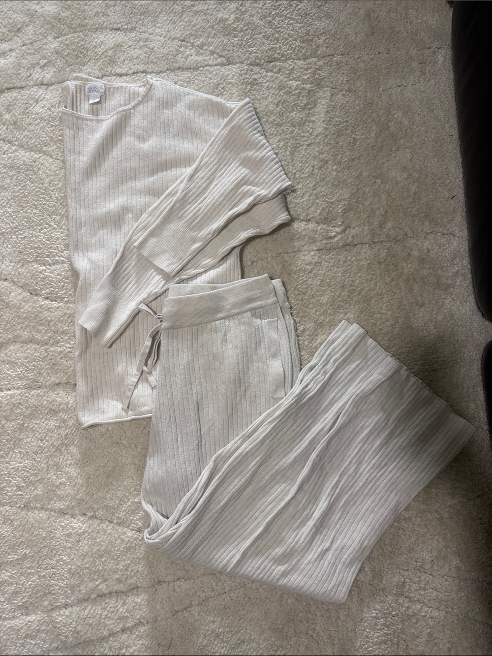 Ribbed Knit Lounge Pants and Top Set - Cream